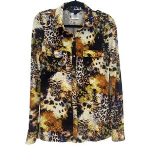 BCBGMAXAZRIA Blouse Women's Medium Yellow Black Leopard Print Snap Up‎